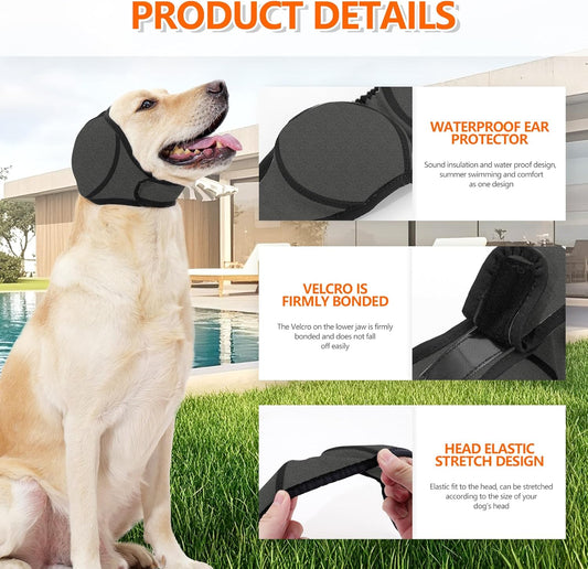 Dog Ear Covers Grey L-Shaped Soundproof No Cap Elastic Waterproof for Hematomas Bathing Drying Swimming Grooming Head Coverage