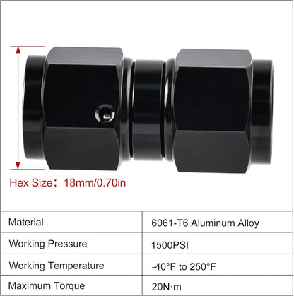 6AN Female to 6AN Female Straight Swivel Coupler Union Fitting Adapter Aluminum Black 2PCS