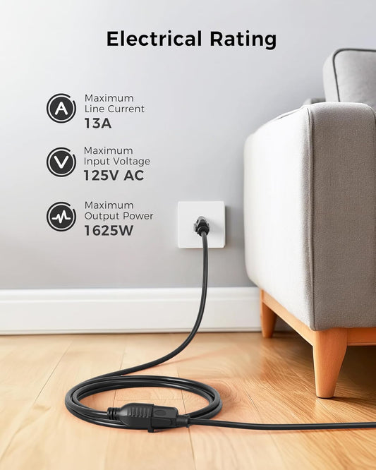 [ETL Listed]  2-Pack 16 AWG Heavy Duty 13A Power Extension Cord - 10ft, 3 Prong Power Cord Extension, NEMA 5-15P to NEMA 5-15R, Black
