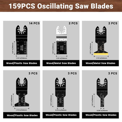 159 PCS Oscillating Saw Blades with Sandpaper, Universal Titanium Multitool Blades for Wood/Plastics/Metal, Quick Release Multi Tool Kits Compatible with Dewalt, Ridgid, Ryobi, Rockwell