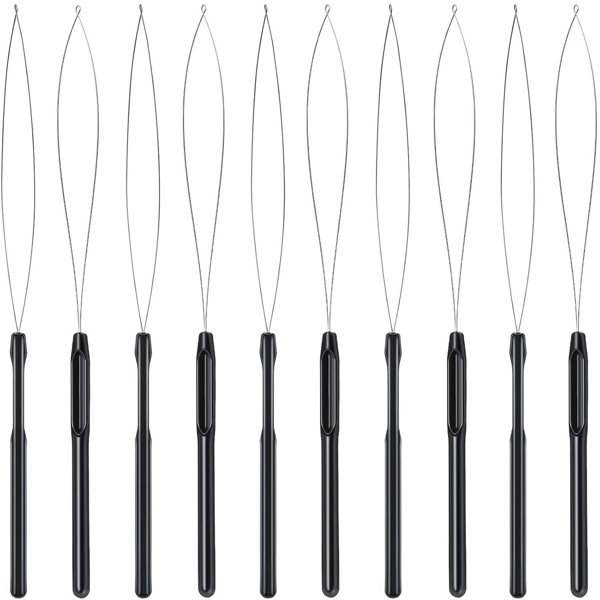 10 Pieces Hair Extension Loop Needle Threader Pulling Hook Tool and Bead Device Tool Black Loop Threader for Hair or Feather Extensions (Black)