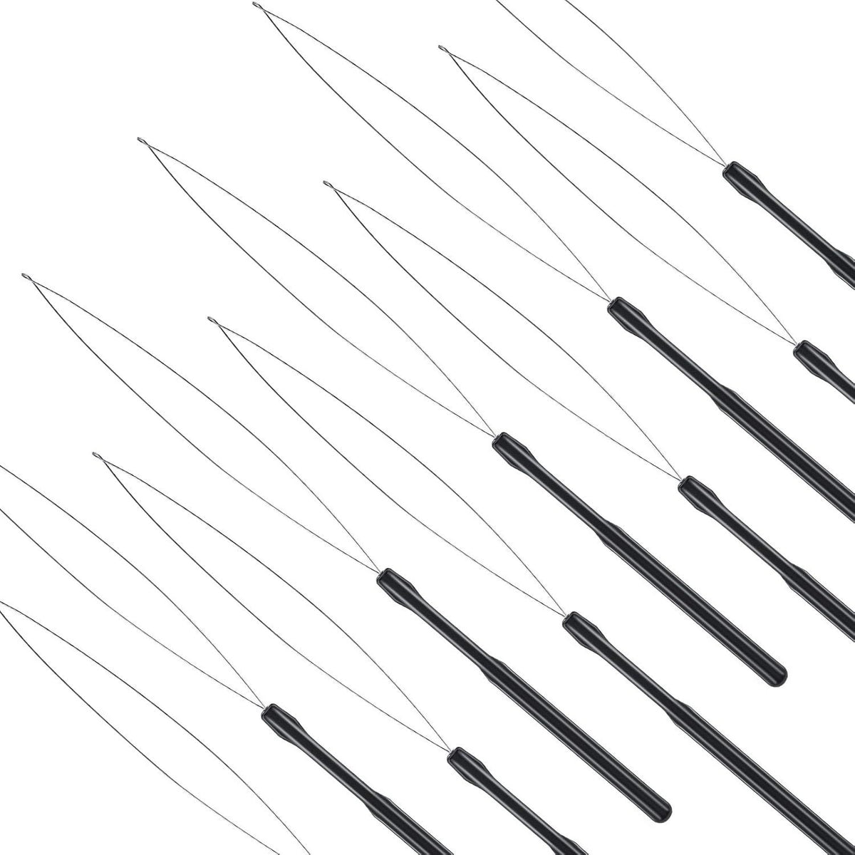10 Pieces Hair Extension Loop Needle Threader Pulling Hook Tool and Bead Device Tool Black Loop Threader for Hair or Feather Extensions (Black)