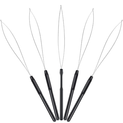 10 Pieces Hair Extension Loop Needle Threader Pulling Hook Tool and Bead Device Tool Black Loop Threader for Hair or Feather Extensions (Black)