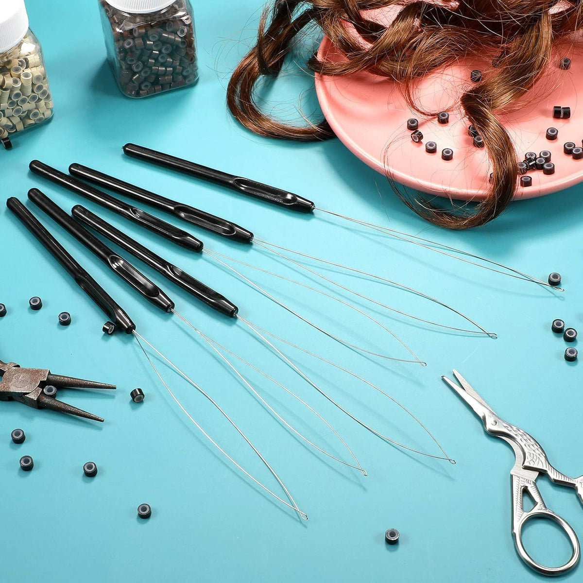 10 Pieces Hair Extension Loop Needle Threader Pulling Hook Tool and Bead Device Tool Black Loop Threader for Hair or Feather Extensions (Black)