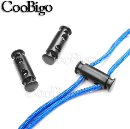 CooBigo 50pcs Cord Lock Ends 3mm Double Hole Fastener Slider Rope Clip Spring Clamp Stopper For DrawStrings Paracord Bag Elastic Rope Parts