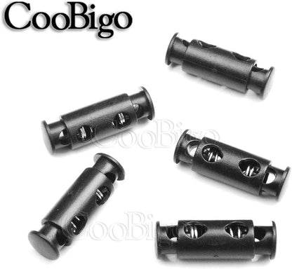 CooBigo 50pcs Cord Lock Ends 3mm Double Hole Fastener Slider Rope Clip Spring Clamp Stopper For DrawStrings Paracord Bag Elastic Rope Parts