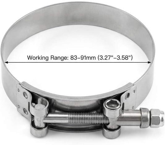 3" T-Bolt Hose Clamp Stainless Steel, Working Range 83mm-91mm for 3" Hose ID, Turbo Intake Intercooler Clamp, 4 Pack