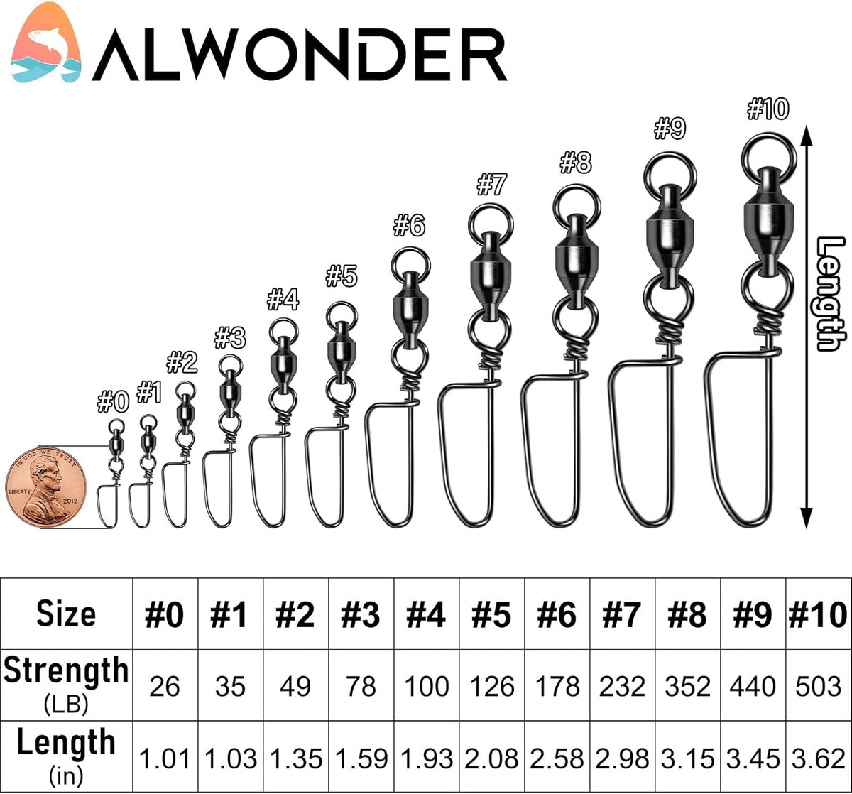 20-Pack Ball Bearing Swivels with Snaps, Fishing Snap Tackle Saltwater Freshwater Coastlock Snaps Barrel Swivel Leader Connector Downrigger Planer Release Clips  #2-49lb