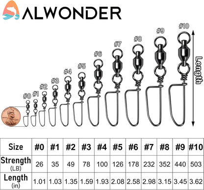 20-Pack Ball Bearing Swivels with Snaps, Fishing Snap Tackle Saltwater Freshwater Coastlock Snaps Barrel Swivel Leader Connector Downrigger Planer Release Clips  #2-49lb