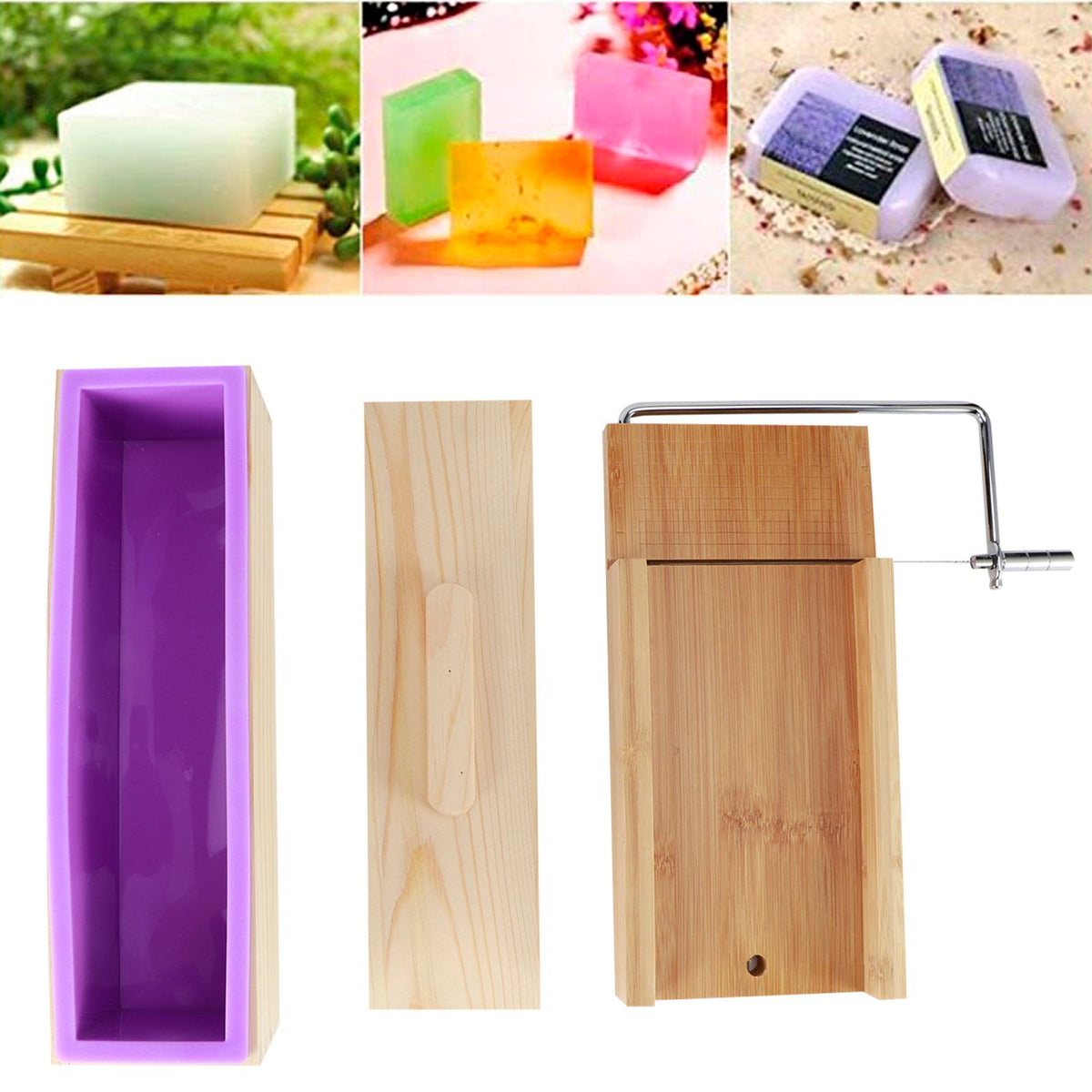 Purple Multifunction DIY Adjustable Hand Made Soap Cutter Mold Wire Cutting Machine(Bamboo BoardMold Box with Lid )