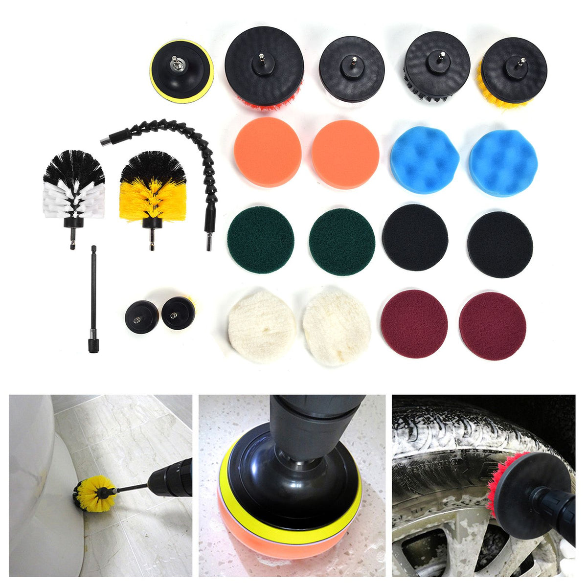 23PCS Drill Brush Attachment Set for Household Cleaning with Brushes Scouring Pads Sponge Connecting Rod