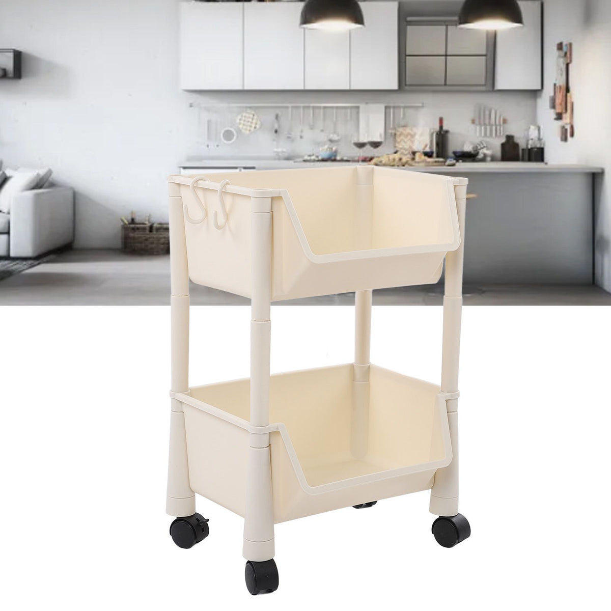 Compact Rolling Storage Organizer Large Capacity Mobile Utility Cart Movable Storage Book Shelves with Lockable Wheels 2 Tier Without Cover