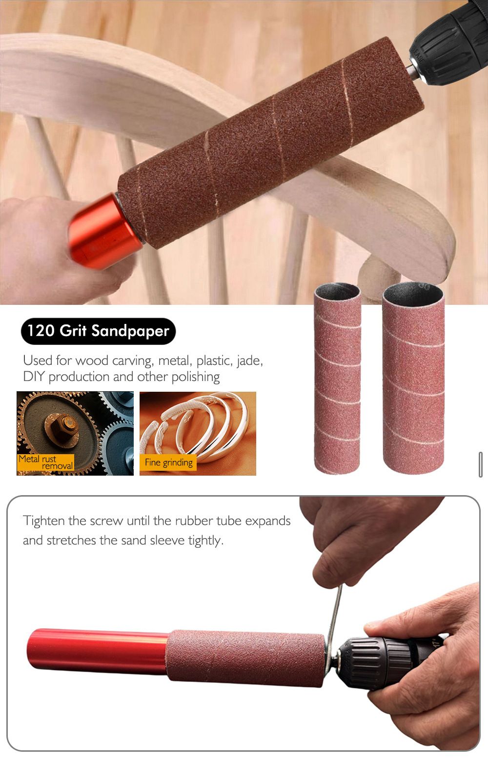 Handheld Electric Sanding Stick with Quick-Change Hex Shank for Wood Metal Plastic Glass Stone Polishing, Compatible with Most Drills, Ideal for Woodworking DIY Jewelry Finishing and Rust Removal Tasks (Red)