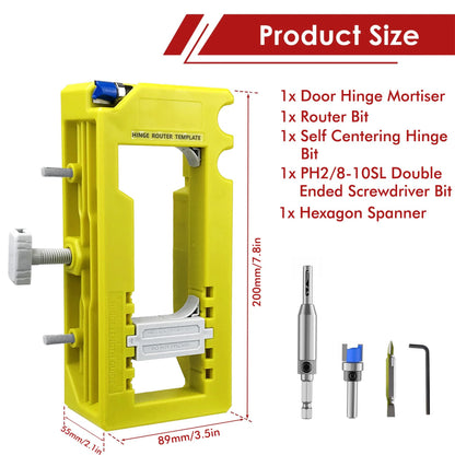 Hinge Mortise Template Jig for Wooden Doors with Adjustable Router Guide and Drill Bit Set for Precise Door Hardware Installation (Blue)