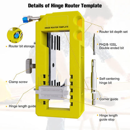 Hinge Mortise Template Jig for Wooden Doors with Adjustable Router Guide and Drill Bit Set for Precise Door Hardware Installation (Blue)