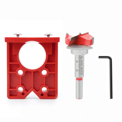 Hinge Hole Locator Kit with 35mm Forstner Bit and Hex Wrench for Cabinet Door Installation, Woodworking Drilling Guide for Hand Drills and Drill Presses (Red)