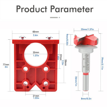 Hinge Hole Locator Kit with 35mm Forstner Bit and Hex Wrench for Cabinet Door Installation, Woodworking Drilling Guide for Hand Drills and Drill Presses (Red)