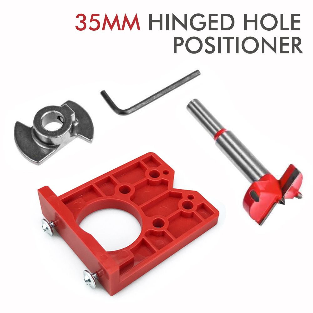 Hinge Hole Locator Kit with 35mm Forstner Bit and Hex Wrench for Cabinet Door Installation, Woodworking Drilling Guide for Hand Drills and Drill Presses (Red)