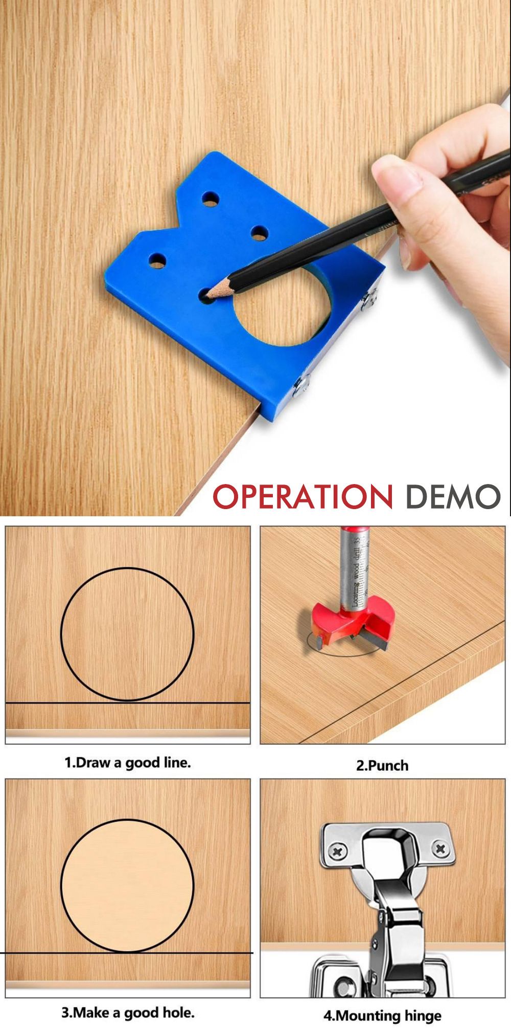 Hinge Hole Locator Kit with 35mm Forstner Bit and Hex Wrench for Cabinet Door Installation, Woodworking Drilling Guide for Hand Drills and Drill Presses (Red)