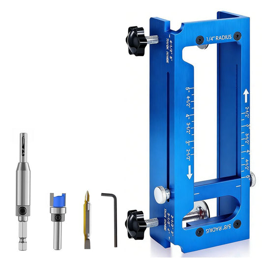 Aluminum Alloy Door Hinge Installation Locator Jig with Adjustable Sliding Blocks for Woodworking Door Fitting, Routing, and Screw Hole Positioning (Blue)