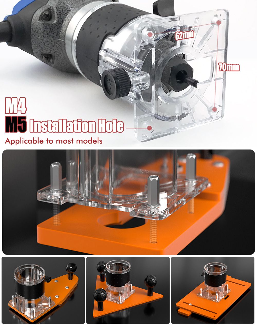 Transparent Router Base Protective Cover with Adjustable Knobs and Dust Port for Woodworking Trimming and Slotting, Compatible with Multiple Router Models, Clear PP Tool Accessory (Rubber-Coated, M4)