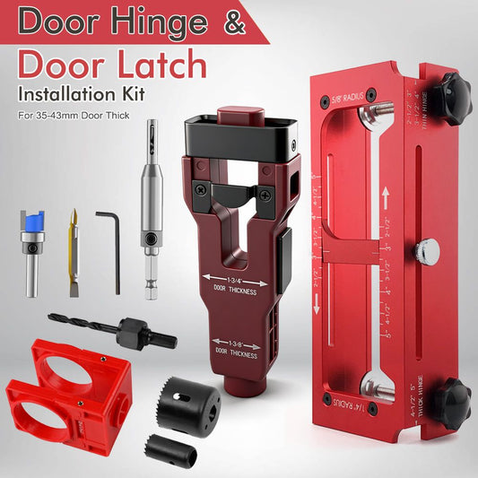 10-Piece Door Hinge and Lock Installation Kit with Adjustable Router Template, Hole Saw, Drill Bits and Driver Bits for Woodworking, Home Improvement and Interior Door Fitting Projects (Red)