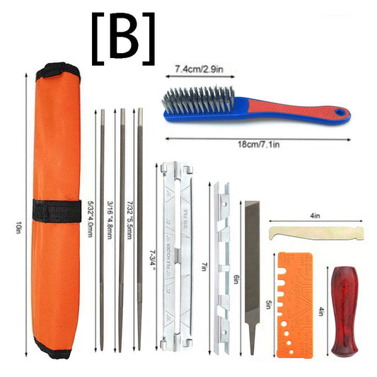 Chainsaw Chain Sharpening Kit with Roll-Up Pouch, Round Files, Flat File, Depth Gauge, Guide and Cleaning Tool for Outdoor Logging and Home Chainsaw Maintenance (B)