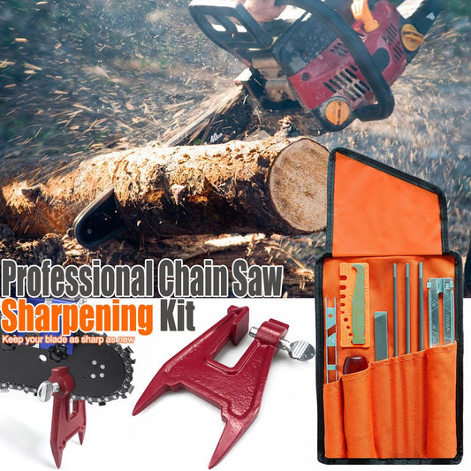 Chainsaw Chain Sharpening Kit with Roll-Up Pouch, Round Files, Flat File, Depth Gauge, Guide and Cleaning Tool for Outdoor Logging and Home Chainsaw Maintenance (D)