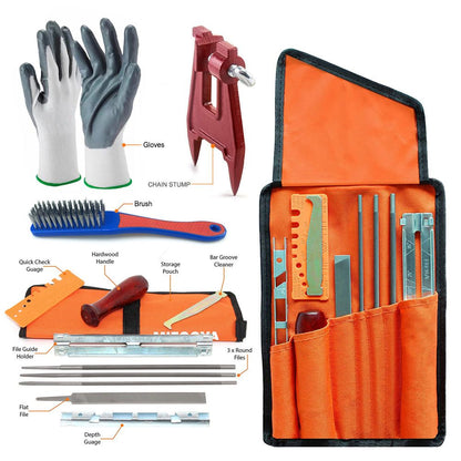 Chainsaw Chain Sharpening Kit with Roll-Up Pouch, Round Files, Flat File, Depth Gauge, Guide and Cleaning Tool for Outdoor Logging and Home Chainsaw Maintenance (F)