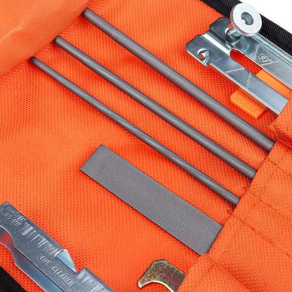 Chainsaw Chain Sharpening Kit with Roll-Up Pouch, Round Files, Flat File, Depth Gauge, Guide and Cleaning Tool for Outdoor Logging and Home Chainsaw Maintenance (F)