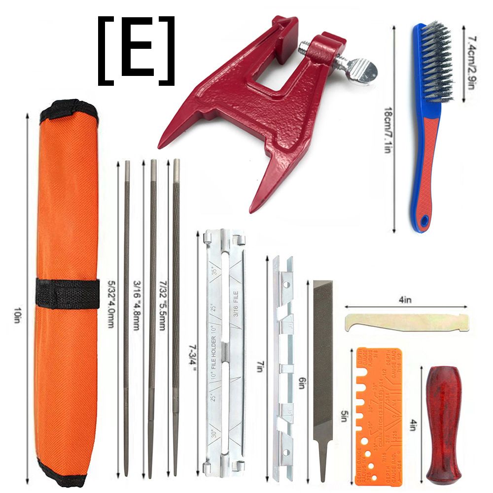 Chainsaw Chain Sharpening Kit with Roll-Up Pouch, Round Files, Flat File, Depth Gauge, Guide and Cleaning Tool for Outdoor Logging and Home Chainsaw Maintenance (F)