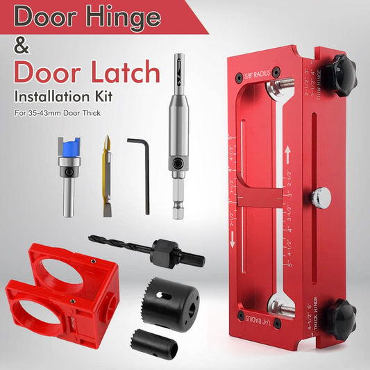 9-Piece Hinge and Door Lock Installation Kit with Adjustable Locator Template, Hole Saws and Drill Bits for Wooden Doors, Home Improvement and Carpentry Hardware Fitting (Red)