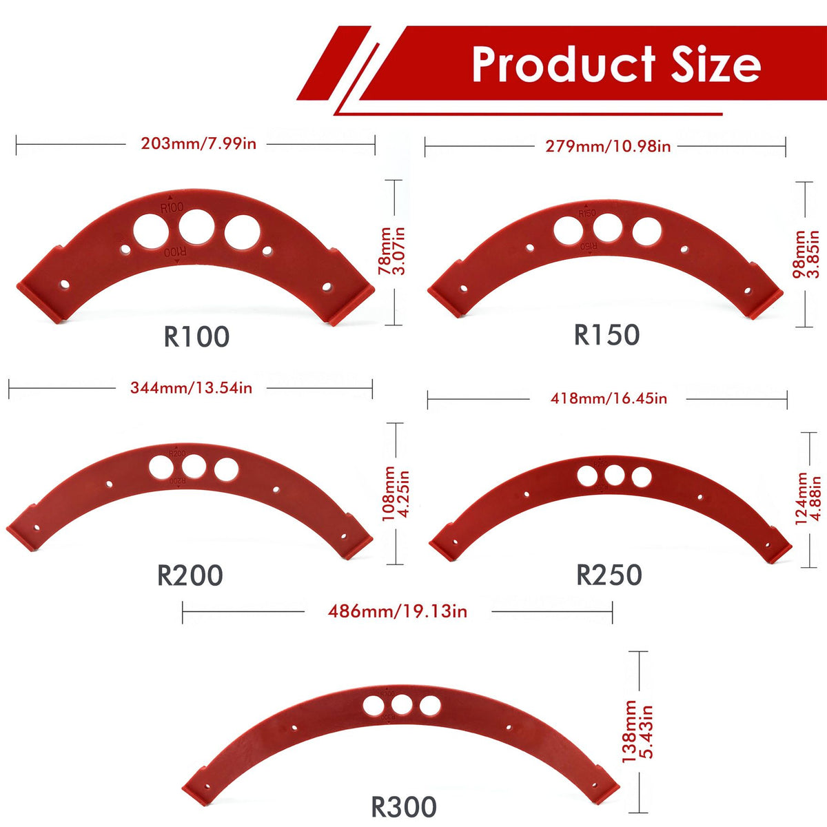 R100-R300 Arc Radius Template Set for Woodworking, Router Jig for Cutting Inner and Outer Rounded Corners on Desktops, Cabinets, Closets and Corner Shelves (F2522-R300)