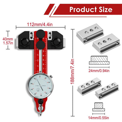 2-in-1 Table Saw Alignment Gauge and Thin Rip Jig with Dial Indicator, Aluminum T-Slot Miter Gauge for Precise Woodworking Saw Blade and Fence Calibration (Red)