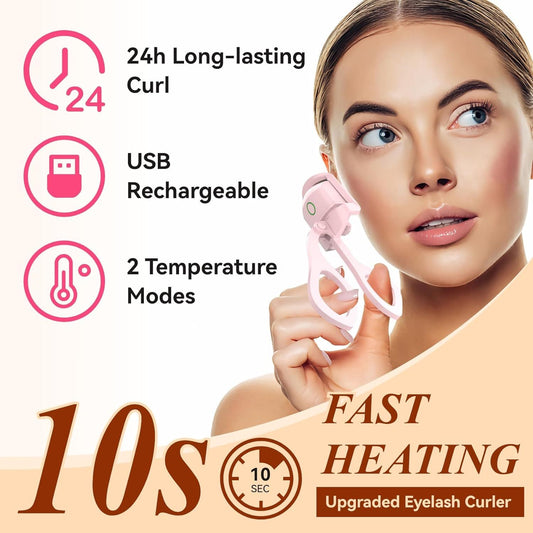 Heated Eyelash Curlers, Rapid Heated Lash Curler,  for Long Lasting with Sensing Heating Silicone Pad, 2 Tempreture Setting(Pink)