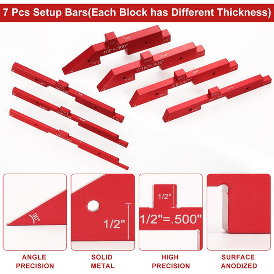 7pcs Precision Setup Blocks,Router Table Setup Bars, Aluminum Setup Blocks Height Gauge Set for Router Table Saw Accessories (Red)