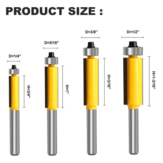 Flush Trim Router Bit Set Top Bearing Flush Trim Router bit 1/4 Shank Milling Cutting Diameter Flush Flush Trim Router bits 4PCS