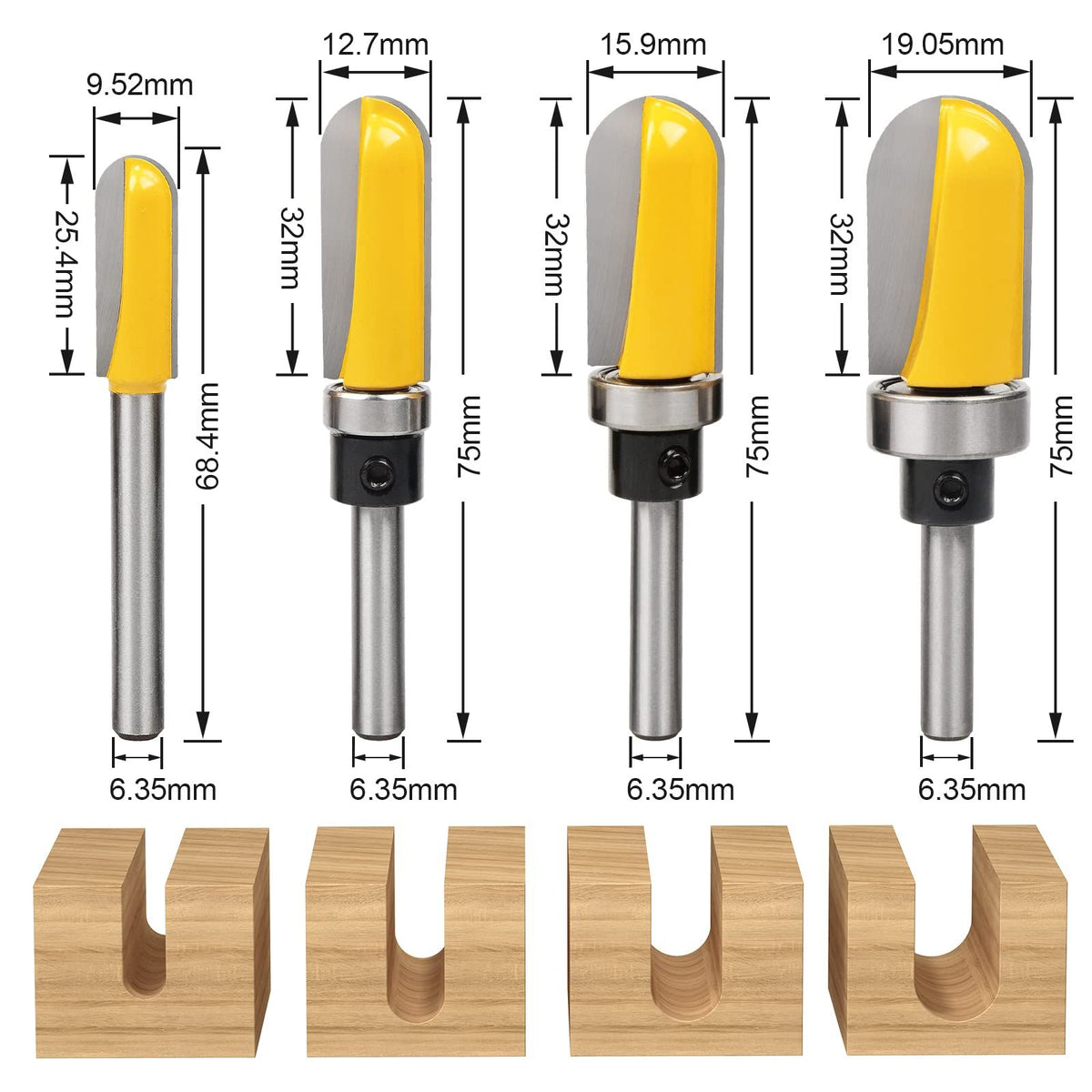 4Pcs 1/4" Shank Carbide Round Nose Groove Router Bit Set Template Router planing Head Set with Ball Bearing Engraving Router