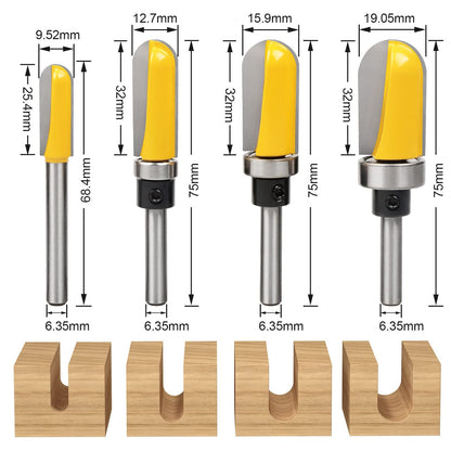 4Pcs 1/4" Shank Carbide Round Nose Groove Router Bit Set Template Router planing Head Set with Ball Bearing Engraving Router