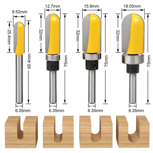 4Pcs 1/4" Shank Carbide Round Nose Groove Router Bit Set Template Router planing Head Set with Ball Bearing Engraving Router