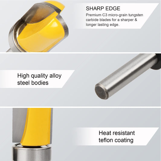4Pcs 1/4" Shank Carbide Round Nose Groove Router Bit Set Template Router planing Head Set with Ball Bearing Engraving Router