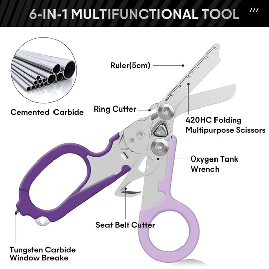 Emergency Shears with Strap Cutter and Glass Breaker Stainless Steel Foldable Scissors Pliers, Outdoor Camping Rescue