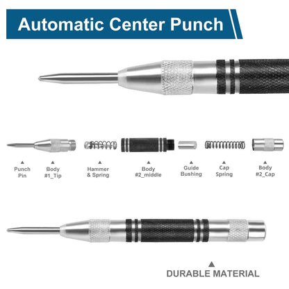 2Pcs Heavy Duty Automatic Center Punch, 5'' Premium Steel Spring Loaded Center Hole Punch, Adjustable Spring Impact Center