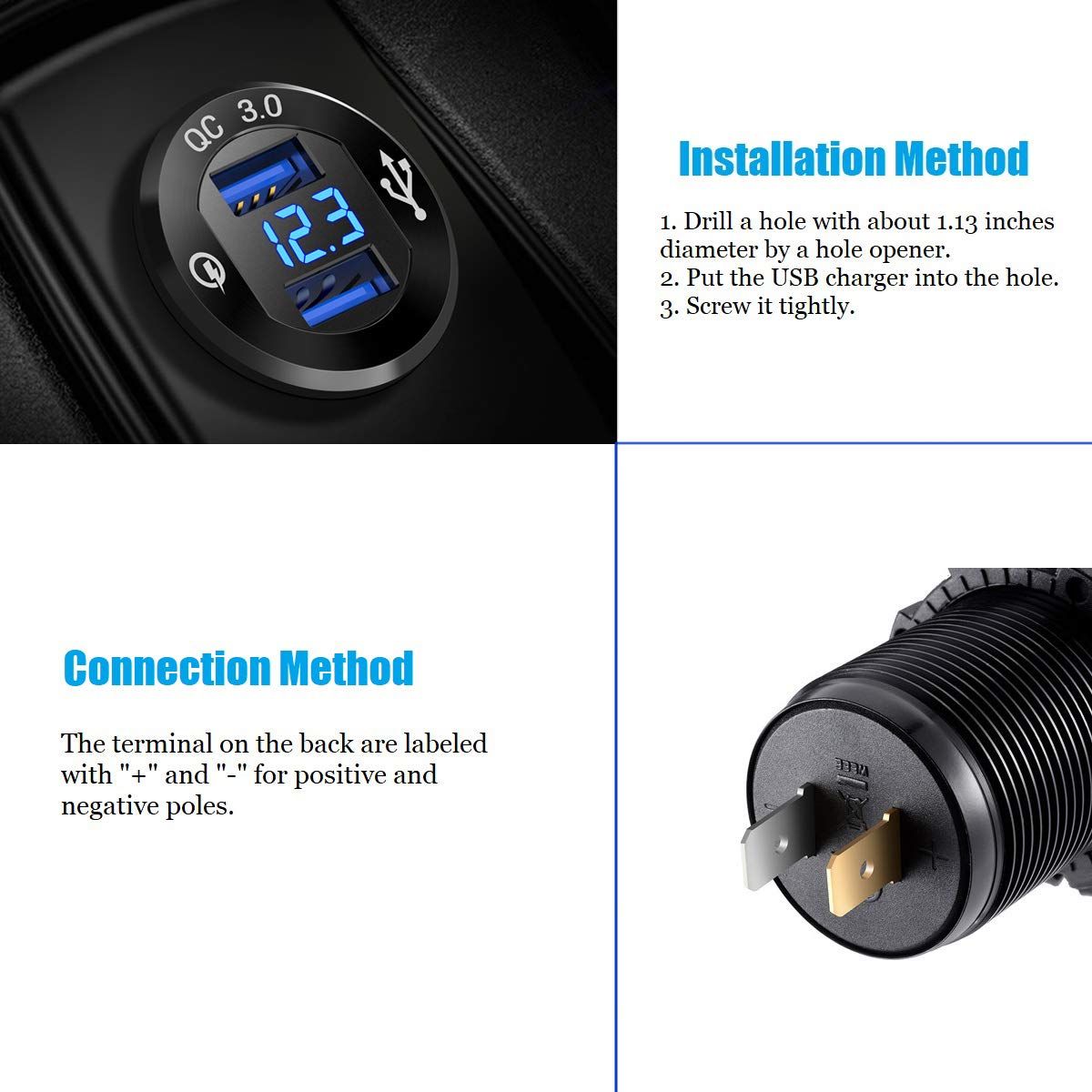 Dual USB Charger Socket, USB Cigarette Lighter Socket with LED Voltmeter, Waterproof Aluminum Car Charger Adapter DIY Kit