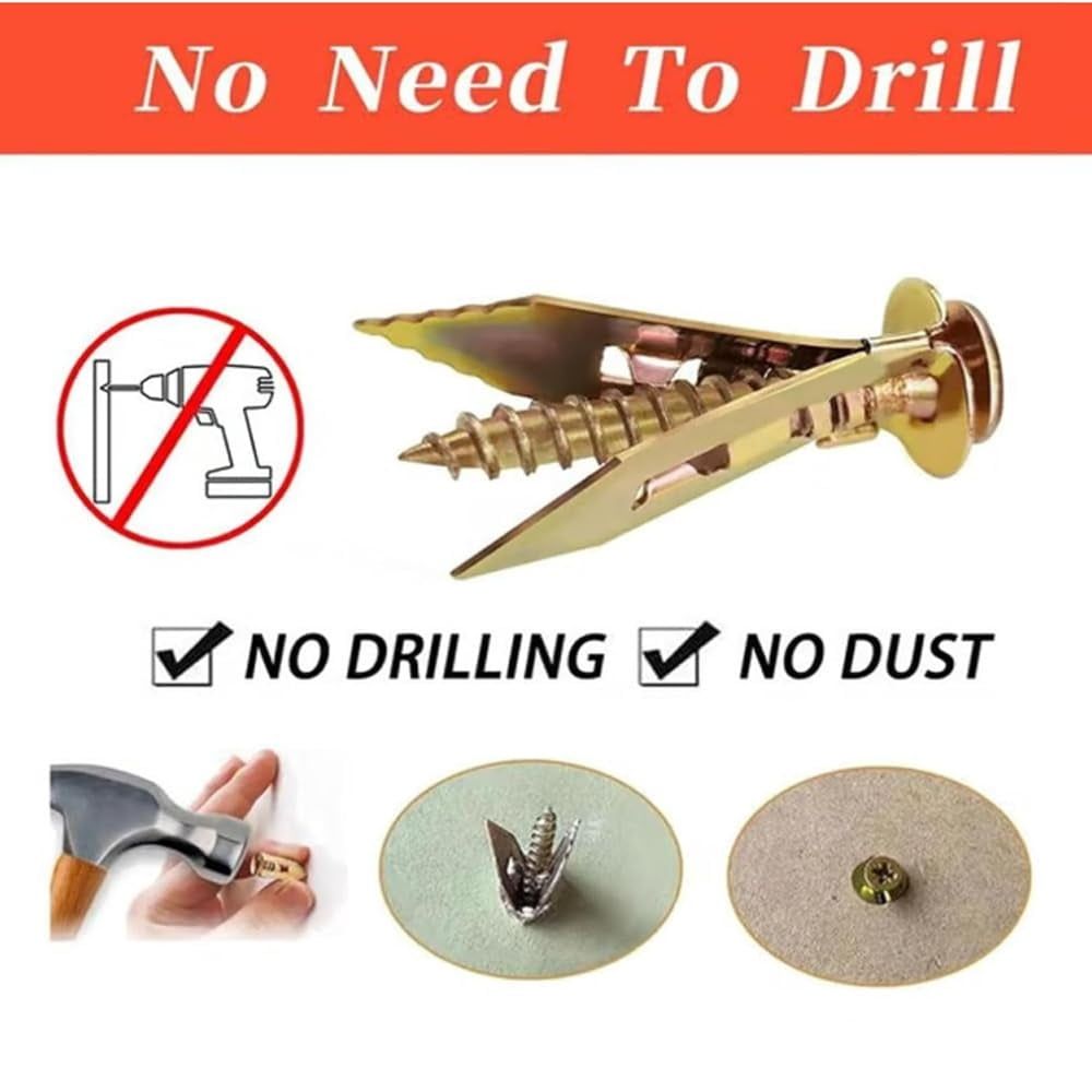 No Drill Dry Wall Anchors, Self Drilling Drywall Anchors with Screws Kit, Heavy Duty Metal Expansion Screws, Easy to Use, for Fixing Shelf, Cabinet, Curtains, Garden Deco