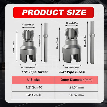 Dual-Function PVC Pipe Thread Cutting Tool for 1/2" & 3/4", 2PCS Internal & External Alloy Steel Threader Kit for Water Pipes, Electric Drill Compatible