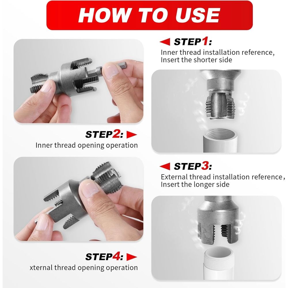 Dual-Function PVC Pipe Thread Cutting Tool for 1/2" & 3/4", 2PCS Internal & External Alloy Steel Threader Kit for Water Pipes, Electric Drill Compatible