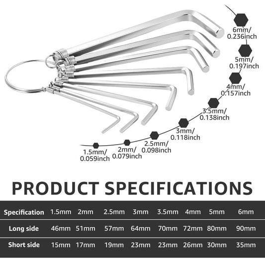 8-Pack Hex Key Set, 45# Steel Rust-Resistant L-Shape Wrenches with Extended Long Arms and Keyring for Perfect for Deep Holes & Tight Spaces