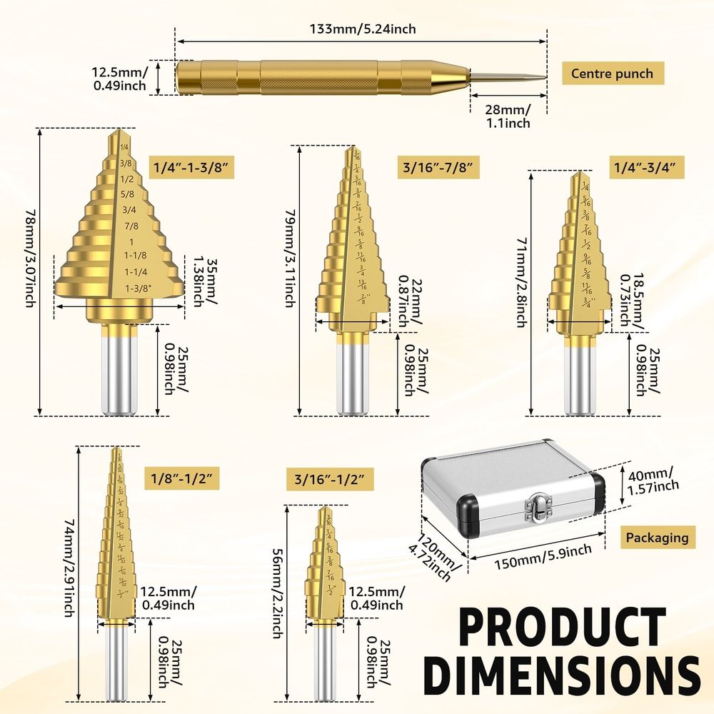 6-Pack Titanium Coated Step Drill Bits – Wear-Resistant, Dual Flutes, Ideal for Metal, Wood & Plastic, Includes Aluminum Storage Case