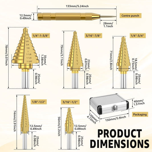 6-Pack Titanium Coated Step Drill Bits – Wear-Resistant, Dual Flutes, Ideal for Metal, Wood & Plastic, Includes Aluminum Storage Case